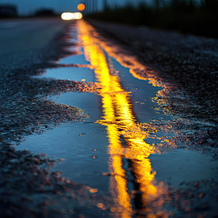 The image captures a section of road reflecting the warm glow of lights at night. The wet asphalt mirrors the linear light source, creating a vibrant golden hue against the darker surroundings. This photograph could be used for various visual content, including artistic projects or illustrative purposes.の素材