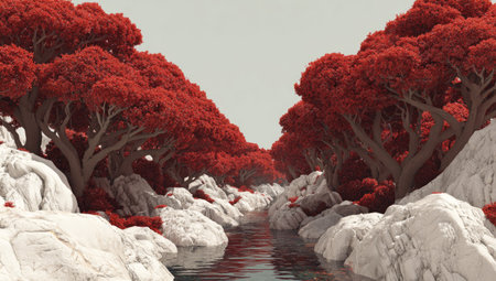 A river winds through a landscape filled with vibrant red trees and textured white rocks. The composition suggests a serene natural environment, with soft lighting enhancing the color contrast. This image could be suitable for various uses, including editorial content and design projects that require an appealing natural setting.の素材