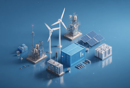 A detailed illustration showcases a variety of renewable energy infrastructure components. Bright, clean elements include wind turbines, solar panels, and various related structures. The scene employs a modern style with a blue backdrop, creating a futuristic and informative visual. Suitable for applications related to technology, sustainability, and environmental awareness.の素材