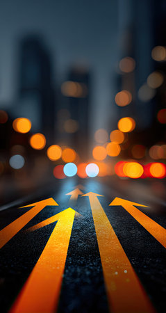 A road scene is presented, featuring vibrant yellow arrows painted on the asphalt. The shallow depth of field creates a soft bokeh background with city lights. The image could be used in design or editorial projects related to transportation, guidance, or direction. The scene is lit with an overhead light, suggesting a night environment.の素材