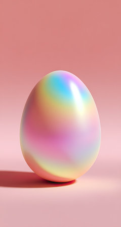 A colorful egg is the focal point, presented against a soft pink backdrop. The egg features a glossy, iridescent finish with hues of blue, green, yellow, and pink. The studio lighting creates a soft gradient, enhancing the object's smooth texture. Suitable for commercial applications, this image can be used for festive designs.の素材