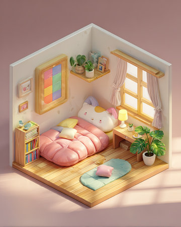 This image showcases a stylized isometric bedroom interior. It features a cozy bed, a window with curtains, and decorative plants. The scene is rendered in soft pastel colors, with warm lighting creating a welcoming atmosphere. Suitable for use in design projects and visual content.の素材