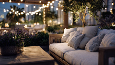 An inviting outdoor lounge area features a comfortable sofa and a wooden table. Soft lighting from string lights creates a warm, ambient atmosphere. The scene showcases a natural setting, potentially for relaxation or entertaining. This image is suitable for commercial applications, illustrating leisure and lifestyle concepts.の素材