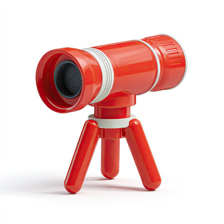 A vibrant red telescope, designed with a minimalist aesthetic, sits on a white backdrop. The object showcases a sleek, modern design, with distinct features. The lighting emphasizes the textures and form. This image could be used in various commercial contexts, providing a clean and eye-catching visual.の素材