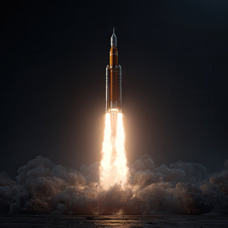 A rocket is depicted ascending into a dark sky, leaving behind a trail of smoke and bright exhaust. The composition emphasizes the vertical ascent. Warm colors from the flames contrast with the cool tones of the atmosphere, suggesting a nighttime launch. This image is suitable for commercial projects related to space exploration.の素材