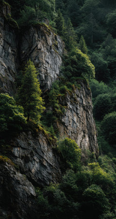 An image showcases a towering rock face embraced by a vibrant forest. The scene is dominated by shades of green and gray, displaying various textures of rock and foliage. The composition features an overhead perspective with natural lighting, suitable for environmental or travel themes and various creative projects.の素材