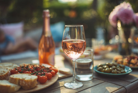 A glass of rose wine stands prominently on a wooden table with various food items. A bottle of rose wine and a glass of water are near. The composition features warm tones, suggesting a relaxed outdoor setting. The image is suitable for commercial use in gastronomy, event, or lifestyle publications.の素材