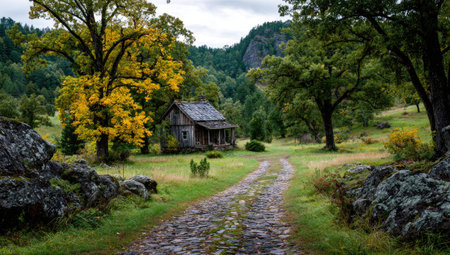 A charming cabin sits amidst a lush forest, with a stone pathway leading to it. The scene showcases a variety of green hues with touches of gold and brown, suggesting autumn. Soft sunlight enhances the natural textures, creating a tranquil atmosphere suitable for various editorial and commercial projects.の素材