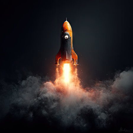 A rocket ship blasts off, ascending against a dark backdrop, with visible flames and smoke. The image features a strong visual contrast, employing warm colors against cool tones. Ideal for illustrating concepts such as innovation, ambition, and the future. Suitable for various commercial and editorial purposes.の素材