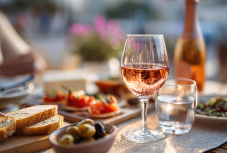 A close-up view presents a wine glass filled with rose wine, accompanied by various appetizers. The composition features bread slices, olives, and small food portions on a wooden board. A water glass and bottle sit near, suggesting an outdoor dining arrangement with natural lighting.の素材