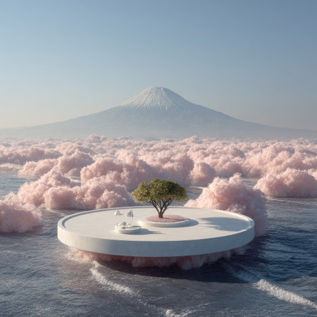 A small tree grows on a circular platform floating above pink clouds and water, with a snow-capped mountain in the distance. The composition features a calm, surreal aesthetic with soft lighting and a minimalist style. This image could be used for various creative projects or illustrative purposes. It evokes tranquility and peace.の素材