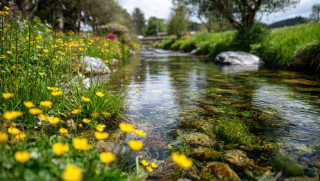A tranquil river scene showcases clear water meandering through vibrant greenery. Yellow wildflowers bloom along the banks, adding a splash of color. The image's natural lighting enhances the textures of the water and vegetation. Ideal for environmental, nature, and landscape projects, the photograph is versatile for various commercial uses.の素材