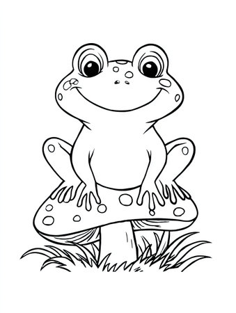 A charming illustration showcases a smiling frog perched atop a mushroom. The monochromatic design features bold outlines and simple textures. The composition is likely for educational purposes or children's media, potentially for coloring. This vector graphic is ideal for various editorial and commercial applications.の素材