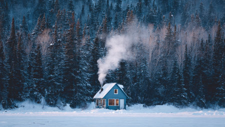 A small cabin sits in a snow-covered landscape surrounded by tall trees. White smoke ascends from the chimney against a backdrop of a winter forest. The composition showcases a tranquil scene with a muted color palette, possibly suitable for editorial content or commercial design projects.の素材