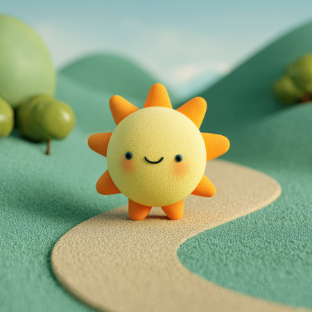 A cheerful sun character with orange rays stands on a light brown path. The image features a bright yellow and orange color palette and a cartoon style. Green hills and trees form the backdrop under a clear sky. This image could be used for educational materials or children's publications.の素材
