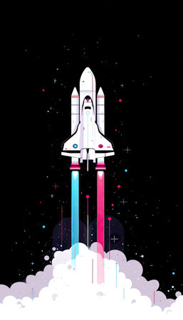 A vector illustration depicts a space shuttle ascending into a dark expanse. The spacecraft leaves behind vibrant blue and pink trails alongside plumes of white smoke. The composition features a simple, graphic style, ideal for various commercial uses, from educational materials to artistic projects. The setting implies outer space during the evening.の素材