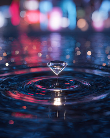 A brilliant diamond rests delicately upon a water surface, creating elegant concentric ripples. The image showcases a blend of blues and highlights, with a blurred bokeh background adding depth. This visually striking image may be suitable for presentations, advertising, or creative projects.の素材