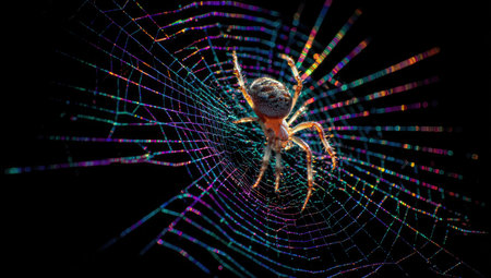 A spider rests in the center of a vibrant, multicolored web against a dark backdrop. The image showcases intricate details of the arachnid and its silken structure. The vivid color palette and precise composition are suitable for various applications, including editorial and advertising projects.の素材