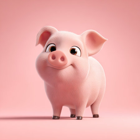 A cheerful illustration features a smiling pig with a soft, pink color palette. The character is set against a matching background, providing a clean composition. This image's friendly aesthetic makes it suitable for various commercial applications. It is ideal for children's books and marketing materials.の素材