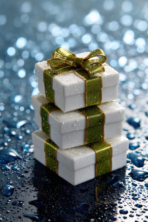 Three white gift boxes are stacked, adorned with gold ribbons. The boxes rest on a surface with water droplets reflecting the scene, creating a wet effect. The composition benefits from overhead lighting and a blurred backdrop. Suitable for promotional and celebratory visual content.の素材