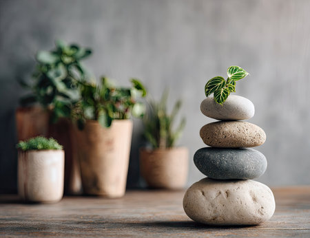 A balanced stack of smooth stones is topped with a small green plant. Several potted plants in neutral tones are arranged in the background, set against a blurred, gray backdrop. The composition features a balance of natural elements, lit with soft lighting suitable for various commercial or illustrative applications.の素材