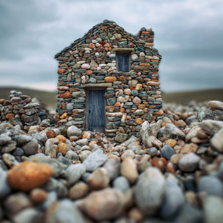 A stone house stands in a rocky landscape. The structure is made of various sized stones, featuring a dark blue door and window. The composition has a shallow depth of field, with a cloudy sky overhead. This image is suitable for various commercial applications, including illustrations and stock imagery.の素材