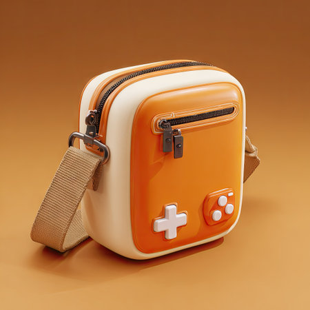 A close-up showcases an orange crossbody bag featuring a game controller button design. The bag exhibits a glossy texture and contrasting white accents. Soft lighting illuminates the subject, creating a sense of depth. This image could be used for various commercial applications, including advertising and product promotion.の素材