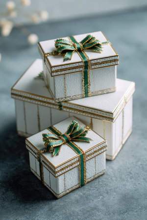 Three white gift boxes are arranged in a stack, tied with elegant green ribbons and bows. The boxes showcase a clean, classic style with a subtle texture, suggesting a focus on premium presentation. The lighting is soft, enhancing the boxes' surfaces. The image can be used for promotional materials or to illustrate gift-giving.の素材