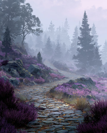 A winding stone path leads through a landscape filled with purple flowers and various trees. The scene is enveloped in a soft mist. The composition and lighting suggest an outdoor setting suitable for environmental or fantasy-related applications, with possible uses in editorial or commercial projects.の素材