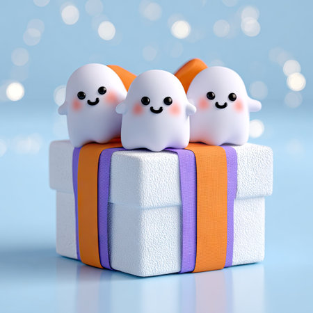 Three cartoon ghosts rest on a gift box with orange and purple ribbons. The image presents a soft, pastel color palette with a blurred blue backdrop. The digitally rendered illustration suggests a celebratory mood. Suitable for a variety of purposes, from greeting cards to promotional materials.の素材