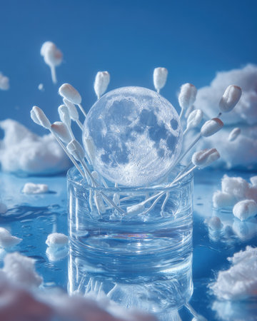 A glass holds a luminous sphere, encircled by cotton-like elements, against a backdrop of a bright blue sky with cloud formations. The image showcases cool, soft tones and a shallow depth of field, creating a dreamy composition. Suitable for editorial and commercial visual content, this image may be used for design and conceptual projects.の素材