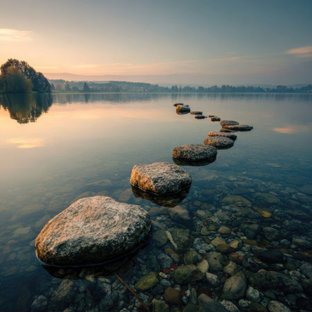 The image depicts a serene lake landscape with a line of stepping stones. The composition showcases a calm water surface reflecting the sky. The lighting suggests dawn or dusk. It is suitable for various commercial projects such as travel and nature publications, or promotional media.の素材