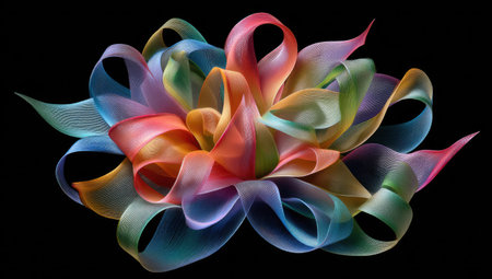 A colorful abstract image presents a flower-like arrangement of translucent ribbons against a dark backdrop. The ribbons display a spectrum of hues, from warm oranges and yellows to cool blues and greens. The composition suggests dynamic movement and could be used for various decorative or illustrative projects.の素材