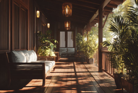 A wooden veranda is presented with a seating area surrounded by tropical plants, creating a relaxing ambiance. The natural sunlight streams through, casting shadows and highlighting the textures of the wood. This image could be useful for architectural, interior design, or travel related projects.の素材