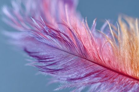 A detailed macro image showcases a feather with a blend of colors, transitioning from purple to orange. The soft, textured surface is highlighted by diffused lighting. The composition focuses on the fine details of the feather against a smooth background. This image could be used for various design projects.の素材