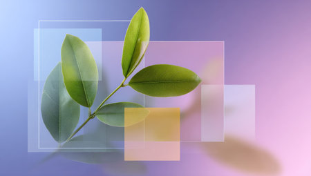A close-up showcases fresh green leaves arranged with transparent, overlapping geometric rectangles. The composition is set against a gradient background of pink, blue, and purple hues, suggesting a soft, diffused lighting. This arrangement could be suitable for diverse commercial and editorial applications.の素材