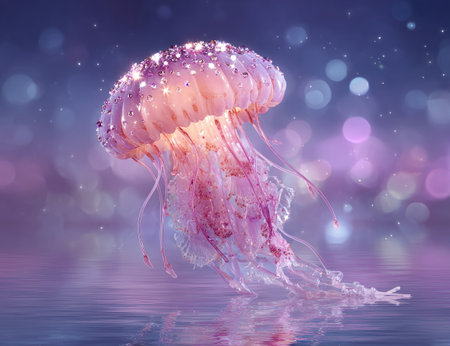 A bioluminescent jellyfish floats gracefully, its translucent body displaying a spectrum of pink and purple hues. Delicate tentacles trail beneath, while a glittering cap sparkles above. The composition features an aquatic environment with a shallow reflective surface. Suitable for visual storytelling or decorative applications.の素材
