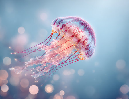 A luminescent jellyfish is depicted with delicate tentacles against a blurred aquatic background. The image showcases translucent textures and shades of pink and blue, suggesting an underwater environment. Soft lighting and a bokeh effect enhance the dreamy atmosphere. Suitable for various commercial uses.の素材