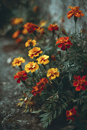 A close-up photograph showcases blooming marigold flowers in various shades of yellow and red. The image features a textured background, suggesting an outdoor setting. The lighting appears natural, highlighting the details of the petals. This image is suitable for diverse commercial and editorial projects.の素材
