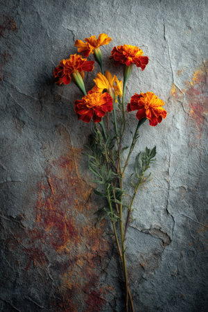 A cluster of marigold flowers with bright orange and yellow petals stands out. The blooms are set against a rough, gray stone backdrop with subtle hues of red. The image showcases a close-up view, focusing on the textures and vibrant colors, suitable for various creative applications.の素材