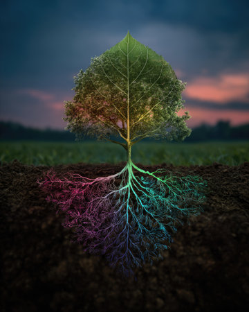 An artistic illustration presents a tree with visible roots and canopy. The image features a gradient of colors across the tree, with a detailed view of roots beneath the soil, against a twilight sky. The artwork suggests growth, environment, and ecological themes, potentially suitable for various commercial and editorial projects.の素材