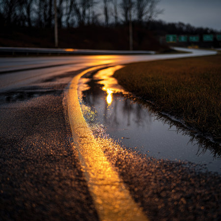 A wet road curves, reflecting golden light from street lamps. The image shows the road surface with a yellow dividing line, puddles, and nearby greenery. The composition is at eye level, with soft, diffused lighting, suggesting a late afternoon or evening scene, suitable for various commercial uses.の素材
