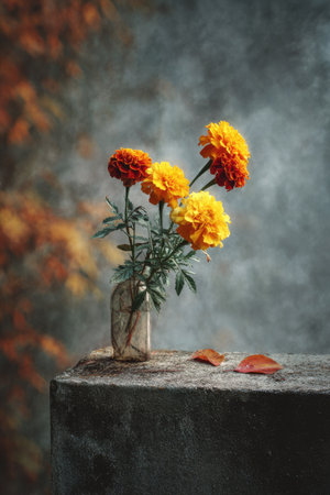 A bouquet of marigold flowers, featuring vibrant yellow and orange hues, sits in a transparent glass vase. The flowers are arranged against a blurred background, the image is lit with soft lighting. The scene evokes a sense of nature and tranquility, with potential uses in various editorial and decorative projects.の素材