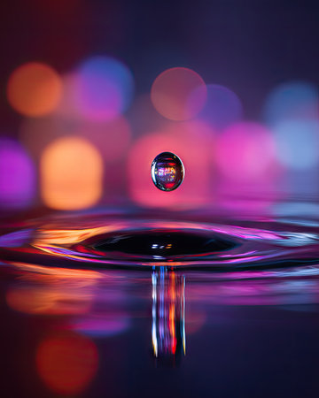 A single water droplet hovers above a rippling surface in this macro photograph. The image features a play of light and color, reflecting and refracting through the transparent sphere and the surrounding water. The background showcases blurred bokeh lights, suggesting potential for various commercial or artistic projects.の素材