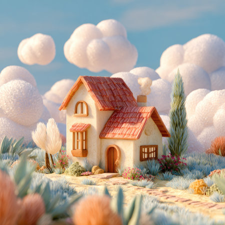 A charming cartoon-style house is showcased amidst a vibrant, dreamlike landscape. The composition features puffy white clouds against a bright blue sky, alongside a detailed house with a red roof and small windows. The scene is rendered with soft textures and colors, suggesting a cheerful setting suitable for various editorial uses.の素材