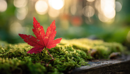 A single, brilliant red maple leaf sits on a bed of vibrant green moss. The image is captured in soft focus, with sunlight filtering through the background creating a bokeh effect. The composition suggests a natural environment, ideal for use in environmental, seasonal, or artistic projects.の素材