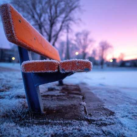 An orange and blue wooden bench is covered in frost, with a blurry backdrop of a winter scene. The composition features close-up and long shot views, the lighting is diffused, and the style is natural. Suitable for various uses, the image is ideal for marketing and editorial applications.の素材
