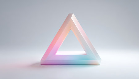A triangular prism, rendered in a 3D style, is set against a bright white background. The object displays a soft pastel color gradient across its surface. The image uses a clean, minimalistic approach, suitable for a range of commercial and editorial design applications.の素材
