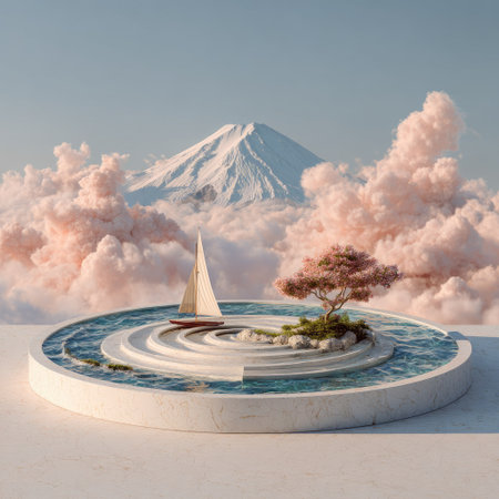 An artistic rendering presents a sailboat and a miniature tree within a circular structure, set against a backdrop of a snow-capped mountain and pastel clouds. The composition uses soft colors, highlighting textures and a dreamlike ambiance. Suitable for creative projects, this image lends itself to various commercial and editorial applications.の素材