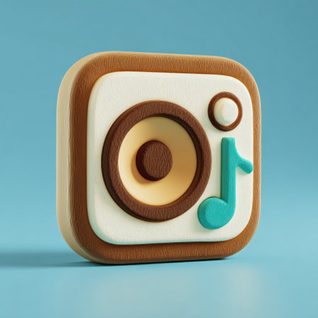 A 3D rendered music speaker icon featuring a speaker and musical note. The design employs a square composition with rounded edges, using a vibrant color palette. The image presents a clean and modern aesthetic. Suitable for various design projects, including digital media and promotional materials.の素材